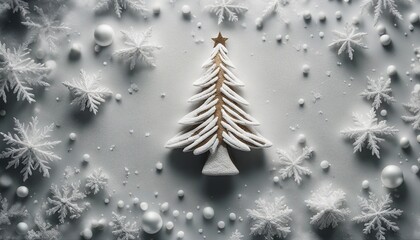 christmas tree decoration Christmas tree on flour background. White flour looks like snow. Top view 