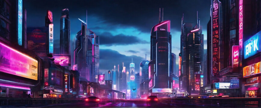 futuristic, cyberpunk-inspired capacity at night, with neon lights and holographic advertisements glowing brightly. Use a wide-angle lens and a cool color palette to evoke a sense of mystery