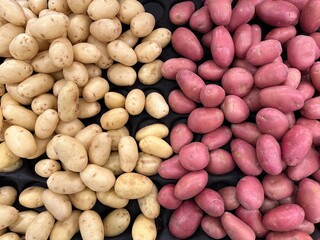 Red and white-skinned potatoes for sale at the market