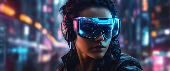 Virtual reality headset and controllers for gaming futuristic, cyberpunk-inspired capacity at night, with neon lights and holographic advertisements glowing brightly. Use a wide-angle lens technology