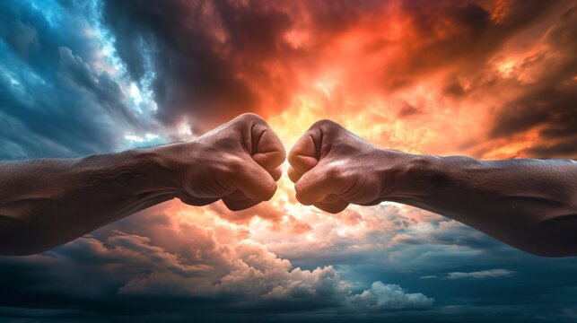 men bumping fists with sky background