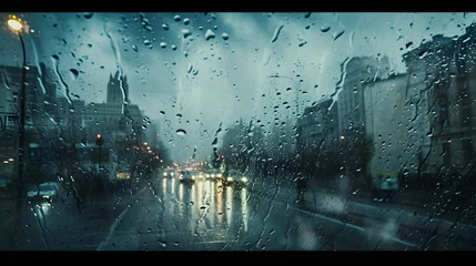Fotobehang Rain in the City - Rainy evening at the urban road, overcast and raindrops - gloomy wet weather © PetrovMedia