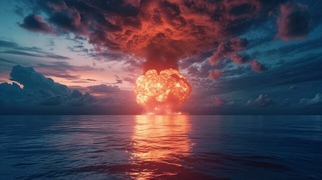 huge nuclear bomb explosion in the sea with gray smoke all over the sky