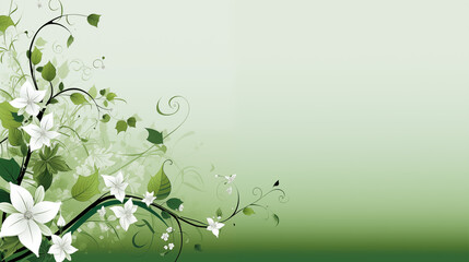 A green background with flowers and leaves. copy space