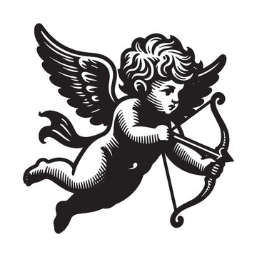 recommend clip art: Cute antique cupid shooting from a bow. Black vintage Engraving vector illustration. Icon, logo, emblem. isolated object