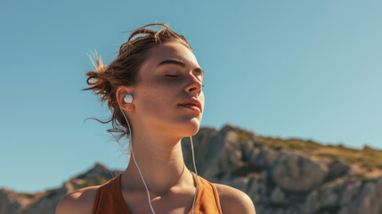 young woman with her eyes closed, enjoying a peaceful moment while listening to music through earphones