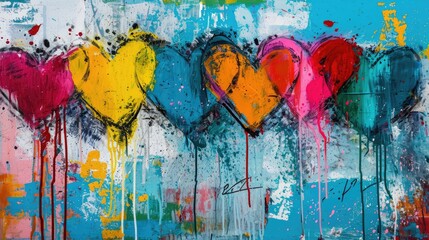 Generative AI, Colorful hearts as graffiti love symbol on the wall, street art. Melted paint.	
