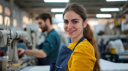 Fototapeta na wymiar young woman smiling at the camera, wearing a yellow shirt and blue apron, in a manufacturing setting