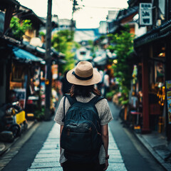 Traveler woman with backpack and hat walking in the old street of Kyoto, Japan.