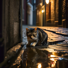 Curious Cat Ponders Reflection in Puddle