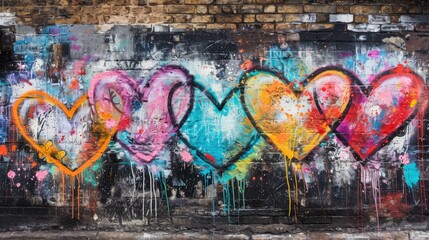 Generative AI, Colorful hearts as graffiti love symbol on the wall, street art. Melted paint.	
