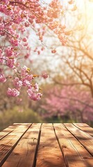 Naklejka na ściany i meble Empty wooden table in Sakura flower Park with garden bokeh background with a country outdoor theme, Template mock up for display of product. AI generated illustration