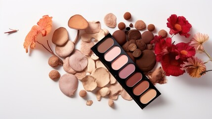 Makeup cosmetic product and mushrooms, vegan eyeshadow with mushroom fresh cosmetic colors, natural colorants made mushrooms. Shroom boom in skincare, Fungi-based ingredients, mushroom extracts