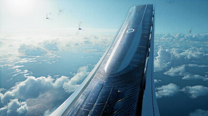 A sleek, futuristic skyscraper that harnesses renewable energy sources, such as solar panels and wind turbines, seamlessly integrated into its design - obrazy, fototapety, plakaty