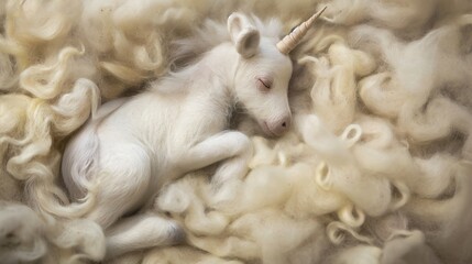 cute sleeping baby unicorn on fluffy bed, fairytale dreamlike animal, Generative Ai