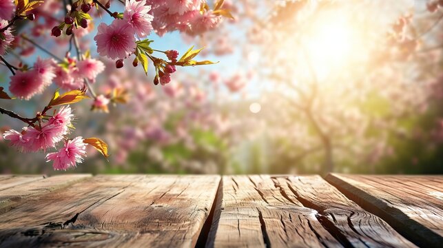 Empty wooden table in Sakura flower Park with garden bokeh background with a country outdoor theme, Template mock up for display of product. AI generated illustration