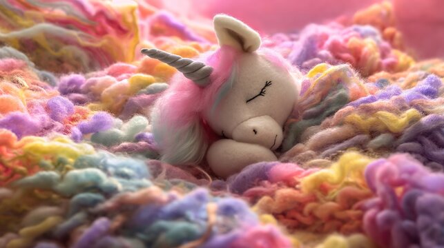 cute sleeping baby unicorn on fluffy bed, fairytale dreamlike animal, Generative Ai