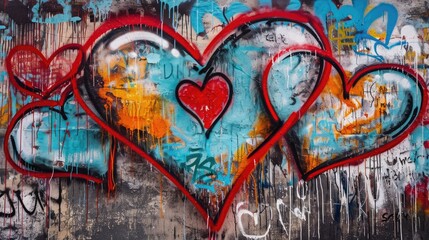 Obraz na płótnie Canvas Generative AI, Colorful hearts as graffiti love symbol on the wall, street art. Melted paint. 