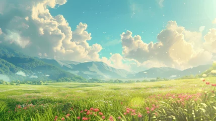 Foto op Canvas Beautiful Green Savanna or green field with sunny day anime background, cloud background landscape view with beautiful day sky on sunny weather flowers and mountains, beautiful panorama with surrealis © RIZKI MAULANA