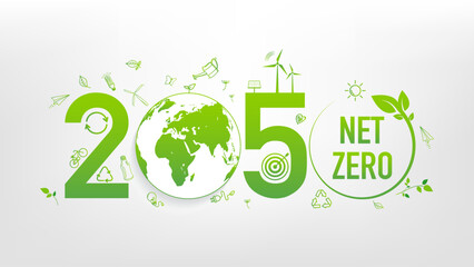 Net zero by 2050. Net zero greenhouse gas emissions target. Climate neutral long term strategy. No toxic gases, Vector illustration - obrazy, fototapety, plakaty