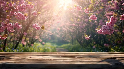 Top of wood table with pink cherry blossom flower on sky background - Empty ready for your product display or montage. AI generated illustration