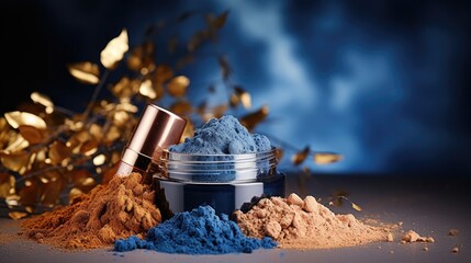 Beauty cosmetic product makeup with organic mineral colorants. Mineral cosmetics with  ocher, lapis lazuli pigments. Loose cosmetic powder and eyeshadow with brushes in scattering of pigment in motion - obrazy, fototapety, plakaty