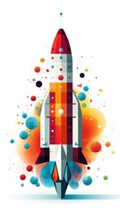A colorful rocket is flying through the air, colorful clipart on white background.