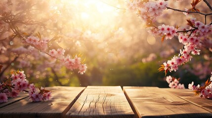 Naklejka na ściany i meble Top of wood table with pink cherry blossom flower on sky background - Empty ready for your product display or montage. AI generated illustration