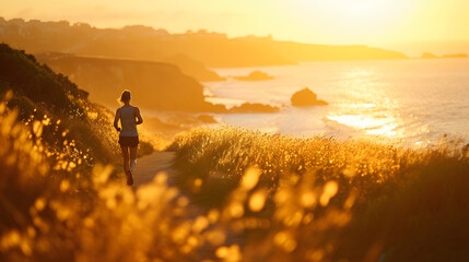 A person jogging along a coastal path at sunset. - obrazy, fototapety, plakaty