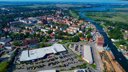 Aerial view around the city Anklam on a cloudy afternoon in late Spring in Germany
