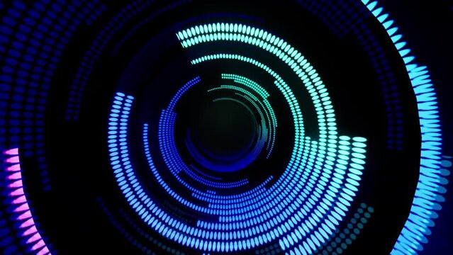 glowing radial stripes tunnel animaiton with many small tiny sticks around circle on black background. Abstract digital backdrop
