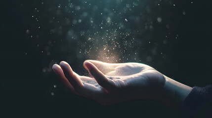 Praying hands with faith in religion and belief in God on blessing background. Power of hope or love and devotion. Magic powder floating on the magician hand. - obrazy, fototapety, plakaty