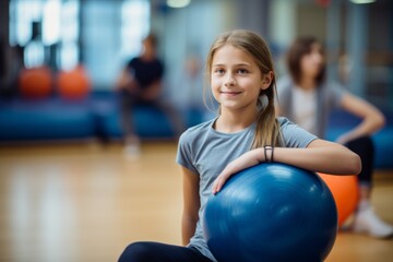 Portrait of a concentrated kid female doing exercises with a stability ball in a gym. With generative AI technology
