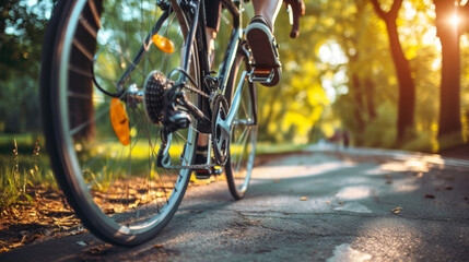 close-up of a person riding a bicycle on a sunlit path through a lush green forest - obrazy, fototapety, plakaty