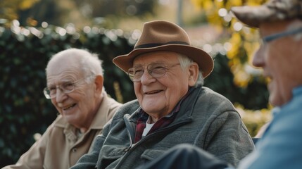 Three old friends sitting on a wooden bench in park and talking to each other