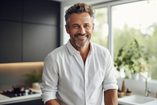 Handsome middle-aged man smiles in kitchen of his home, modern kitchen on the background,