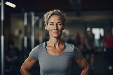 Fototapeta premium Portrait of a tired mature woman doing plyometric exercises in a gym. With generative AI technology