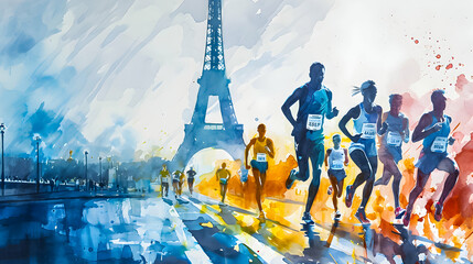 Watercolor painting of Olympic games runners in Paris. - obrazy, fototapety, plakaty