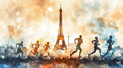 Vibrant Olympic games illustration with Parisian backdrop.