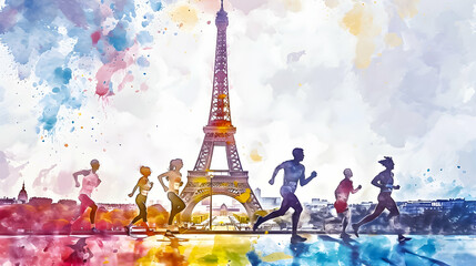 Athletes running by the Eiffel Tower painting. Olympic games concept. - obrazy, fototapety, plakaty