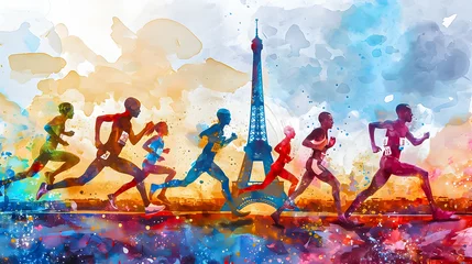 Foto op Canvas Artistic running figures and Paris landmark. Olympic games concept. © SuperGlück