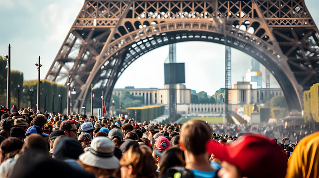 Crowded event with people facing the Eiffel Tower.