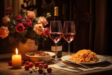 Romantic dinner by candlelight. Two glasses of wine. Valentine's Day. Bloom on the table. Pasta on the table
