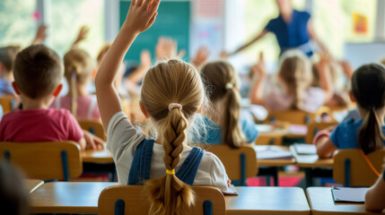 classroom scene with students raising their hands to answer a question or participate in the lesson