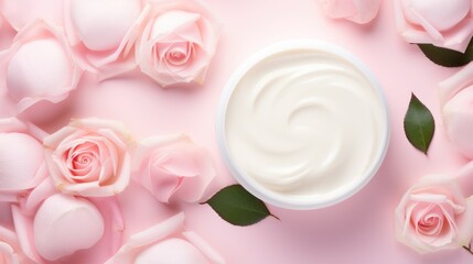 Obraz na płótnie Canvas Jar of facial cream and flower roses. Skin care or hair care cosmetics product and rose flower on pink background. Natural beauty products with rose extract for face skin care concept. Space for text