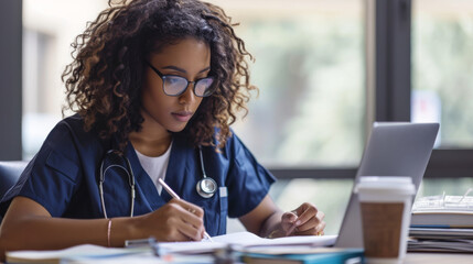 female medical professional wearing scrubs and glasses, focused on writing notes in a book - obrazy, fototapety, plakaty