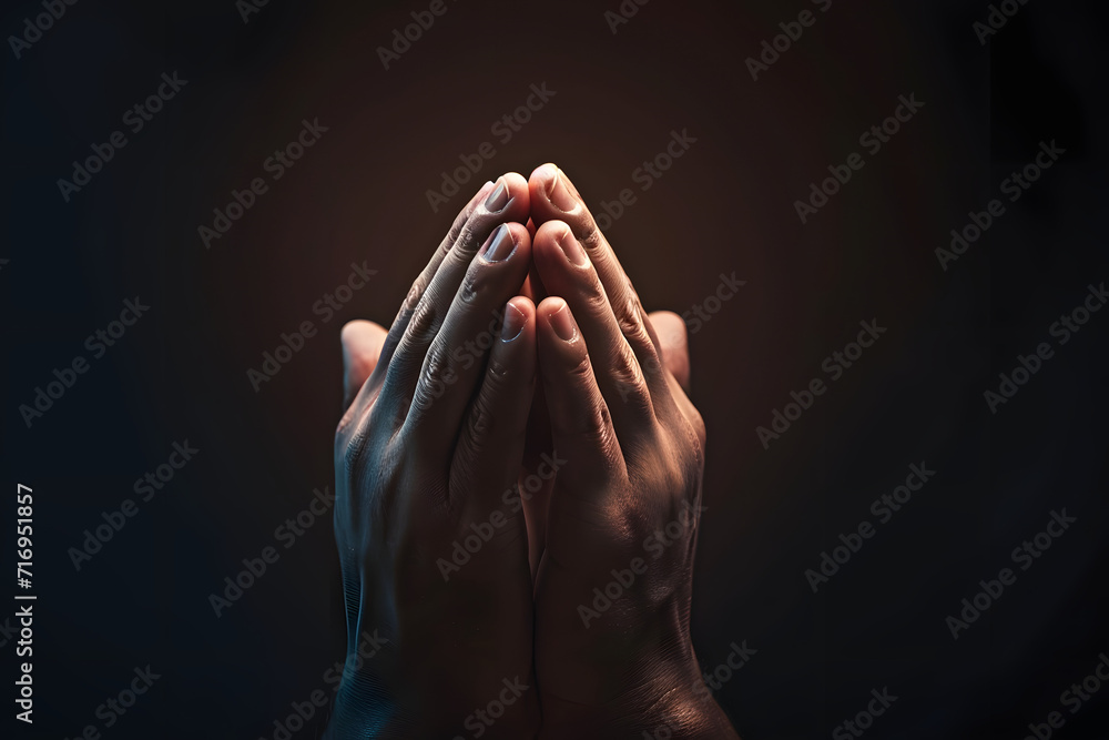 Wall mural praying hands with faith in religion and belief in god on dark background. power of hope or love and - Wall murals