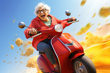 An old lady on a moped. Grandma rides a scooter. The extreme of an elderly woman.