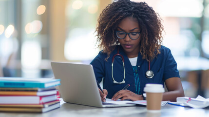 female medical professional wearing scrubs and glasses, focused on writing notes in a book