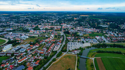 Fototapeta na wymiar Aerial view around the city Pfarrkirchen on a cloudy afternoon in late Spring in Germany